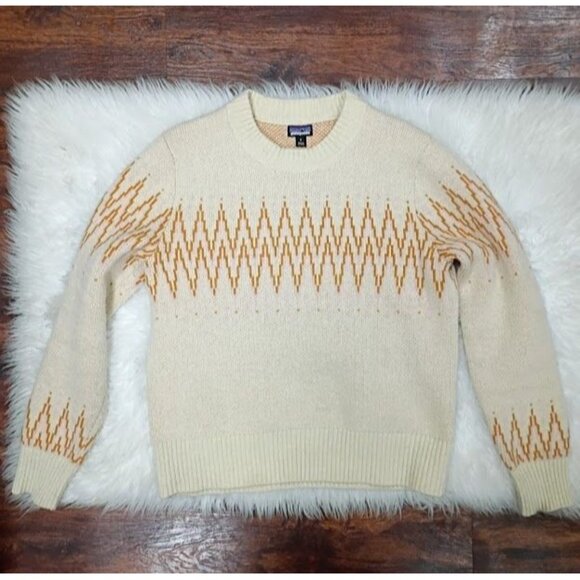 Patagonia Cream Sweater Zigzag Pattern Recycled Wool Blend Size S - Picture 2 of 8